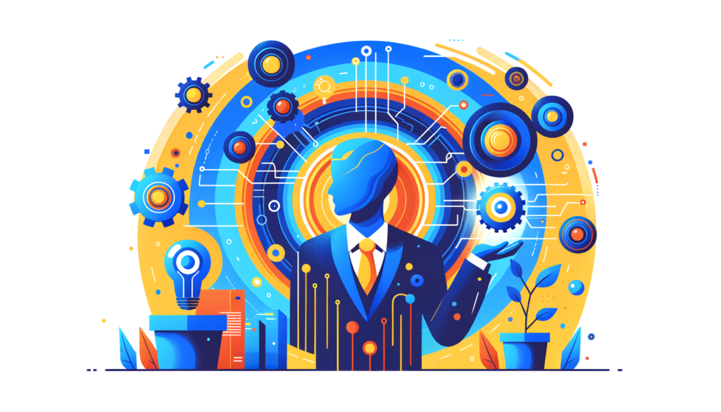 Ilustración flat design moderna sobre Descubre el Poder de SourcingAI en el Mundo de los Negocios, personaje interactuando con elementos…