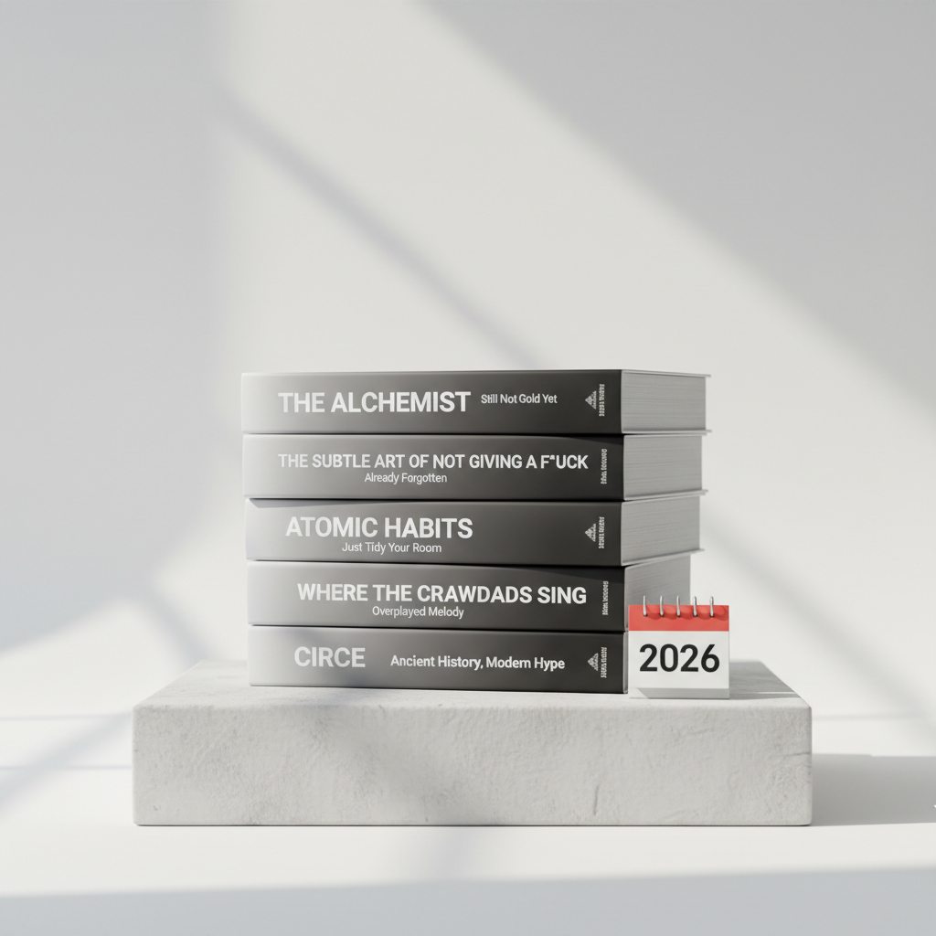 Foto de stock profesional de alta calidad sobre Libros sobrevalorados en 2026, iluminación natural de día, composición nítida y clara,…