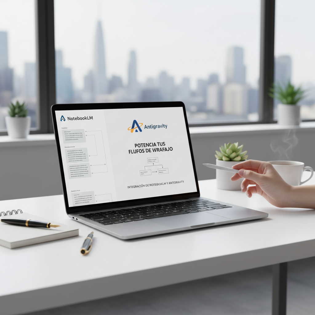 Foto de stock profesional de alta calidad sobre Potencia tus flujos de trabajo: Integración de NotebookLM y Antigravity, iluminación natural…