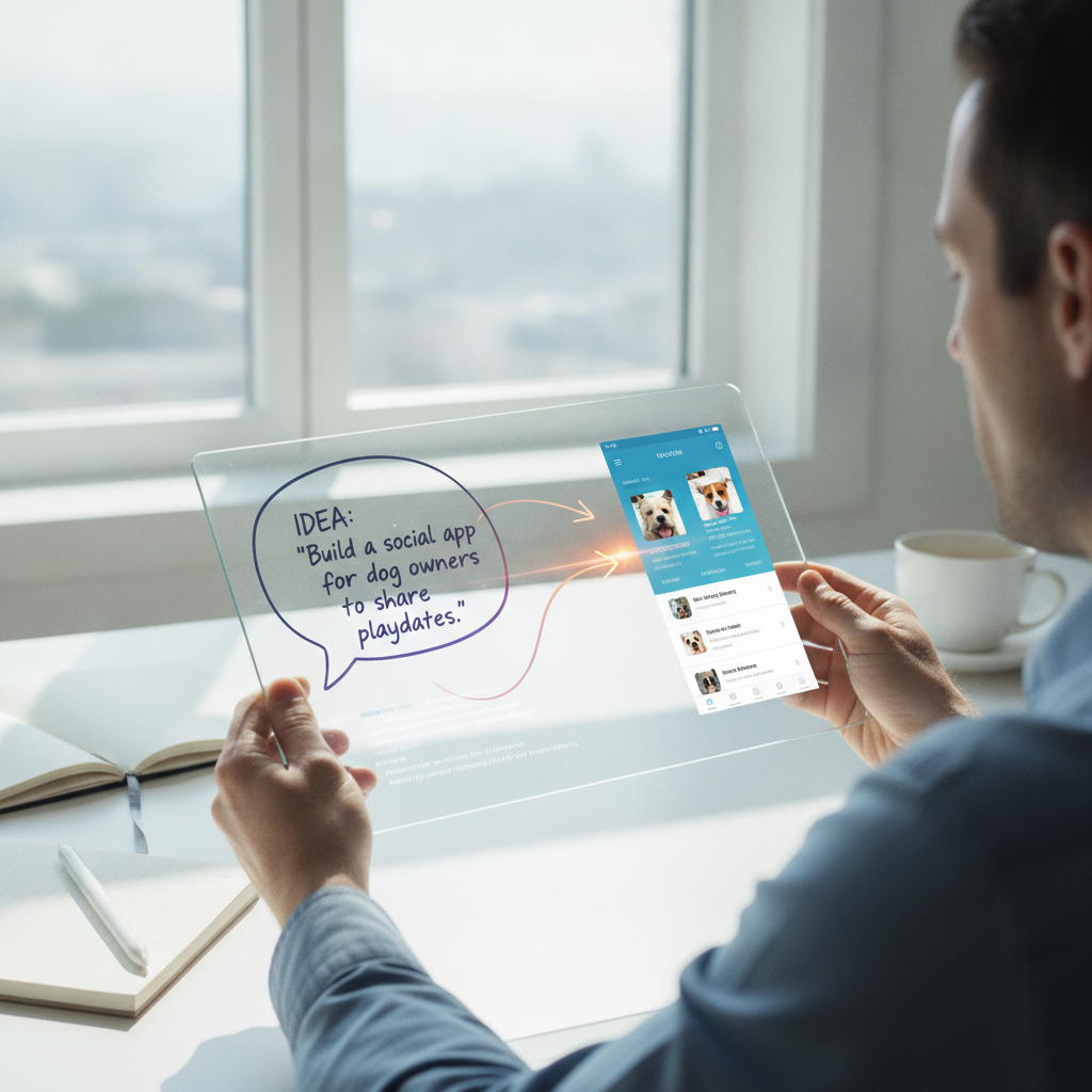 Foto de stock profesional de alta calidad sobre Transforma tus ideas en aplicaciones móviles con solo una descripción de texto,…